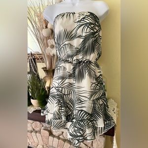 Palm Print Strapless Ruffle Romper Skort